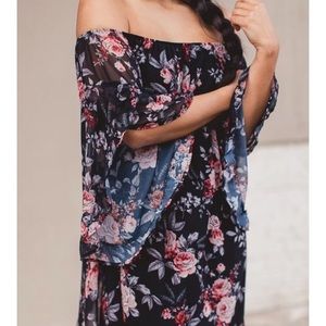 Off the Shoulder Black Floral Dress